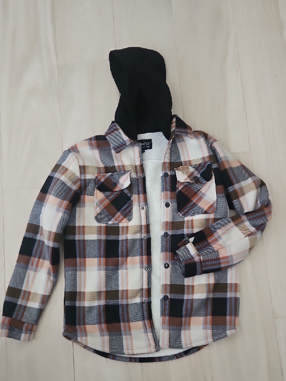 Matix Plaid Sherpa-Lined Hooded Button-Down in Black, Brown & Cream